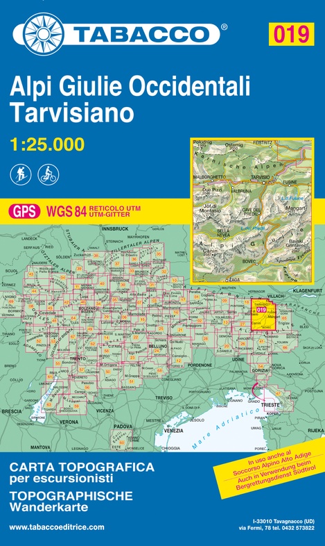 TAB-019  Alpi Giulie Occidentali, Tarvisiano | Tabacco wandelkaart 9788883151187  Tabacco Tabacco 1:25.000  Wandelkaarten Veneto, Friuli