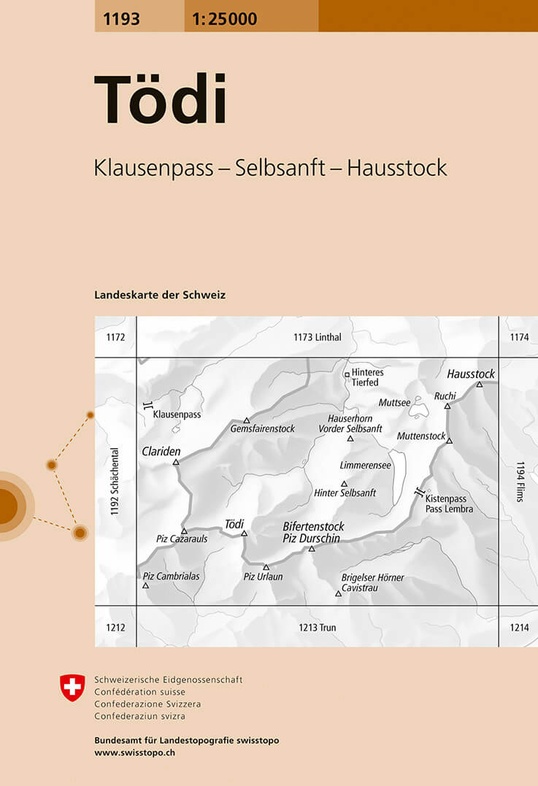 topografische wandelkaart CH-1193  Tödi [2016] 9783302011936  Bundesamt / Swisstopo LKS 1:25.000 Midden/Oost-Zw.  Wandelkaarten Graubünden, Midden- en Oost-Zwitserland