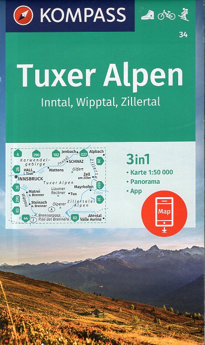 wandelkaart KP-34 Tuxer Alpen | Kompass 9783990448830  Kompass Wandelkaarten Kompass Oostenrijk  Wandelkaarten Tirol