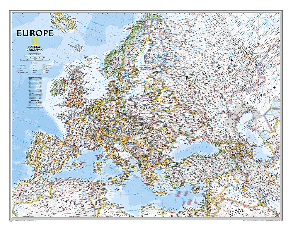 [06a]  Europe gelamineerd, 1:8.400.000 9780792250166  National Geographic NG planokaarten  Wandkaarten Europa
