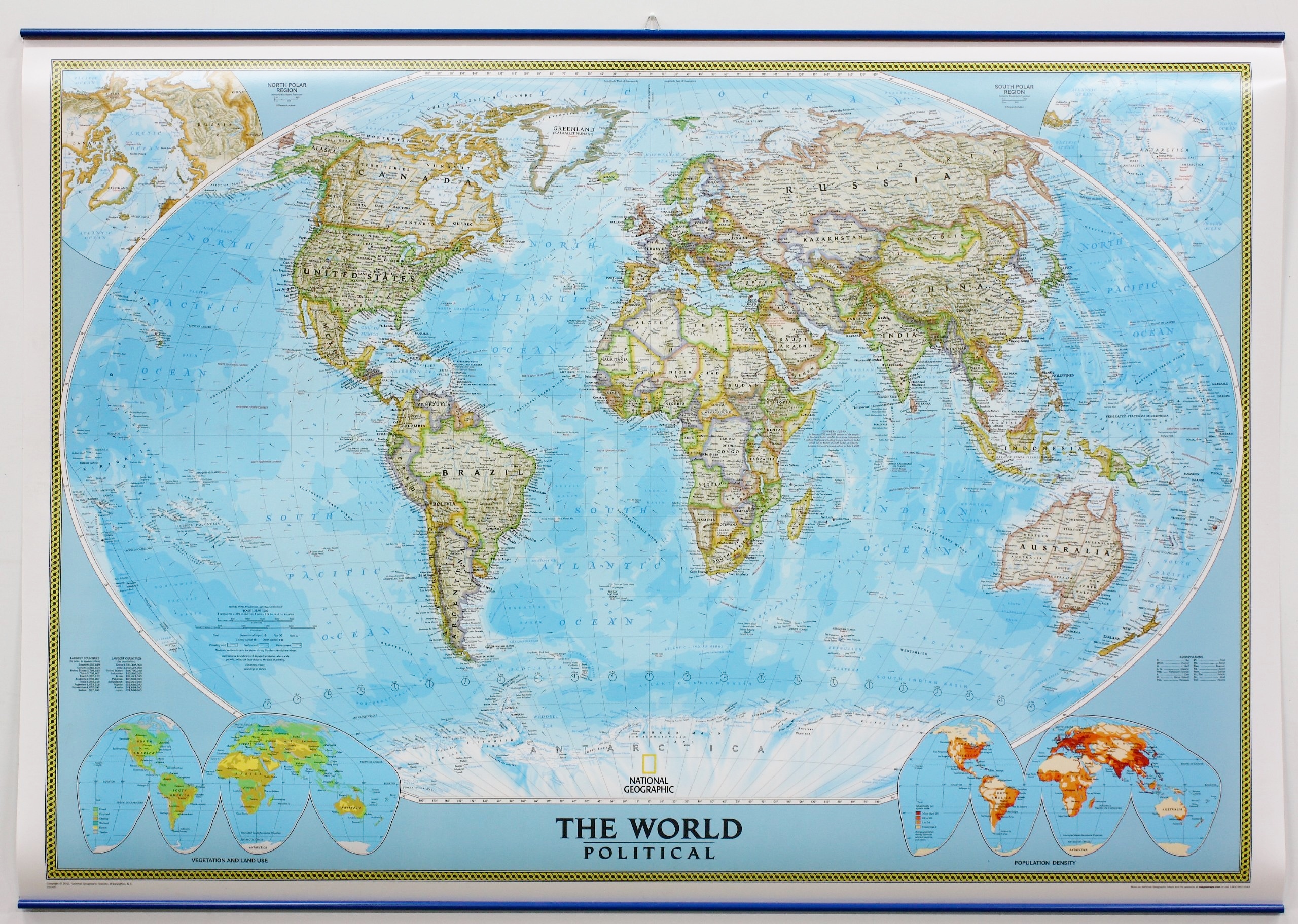 [03a] World Political 1:38milj., met metalen ophangstrips 9781597753333  National Geographic NG planokaarten  Wandkaarten Wereld als geheel