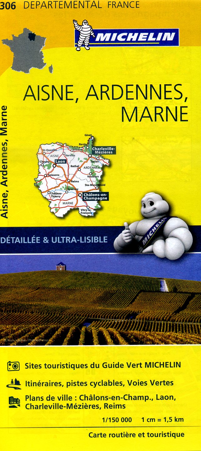 306  Aisne, Ardennes, Marne | wegenkaart, fietskaart 1:150.000 9782067202078  Michelin Local / Departementskaarten  Landkaarten en wegenkaarten Champagne, Franse Ardennen