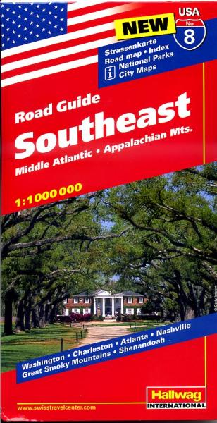 USA-08  South Eastern States 1:1.000.000 9783828307599  Hallwag USA Road Guides  Landkaarten en wegenkaarten VS Zuid-Oost, van Virginia t/m Mississippi