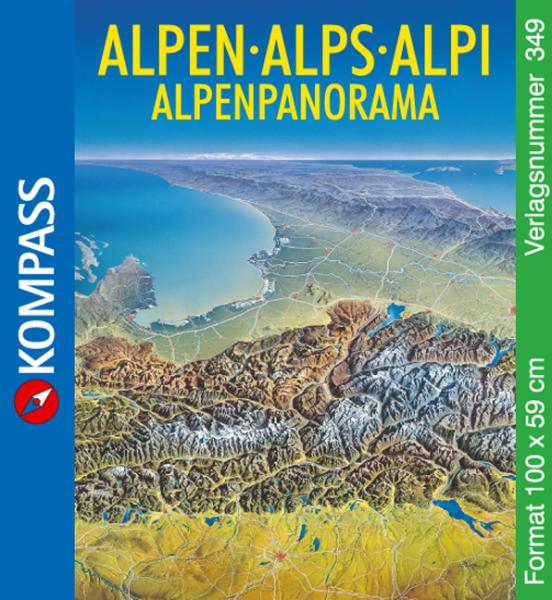349  Alpen Panorama 9783854917755  Kompass Wandelkaarten Panoramakarten  Wandkaarten Zwitserland en Oostenrijk (en Alpen als geheel)